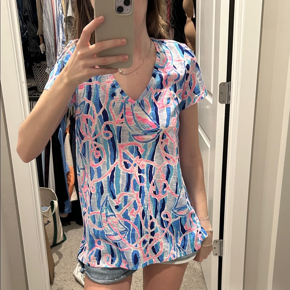 Lilly Pulitzer V-Neck Tee in Blue and Pink